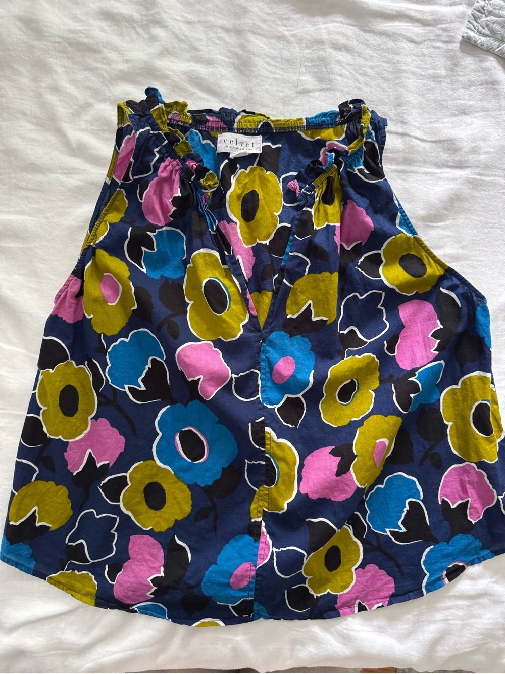 Velvet Navy Floral Halter Top with Blue, Lavender & Chartreuse Flowers
